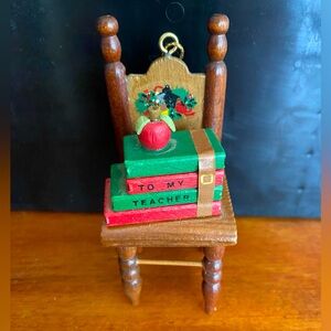 Vintage Wooden Dollhouse Teacher's Chair or Ornament w/ Books & Apple stacked